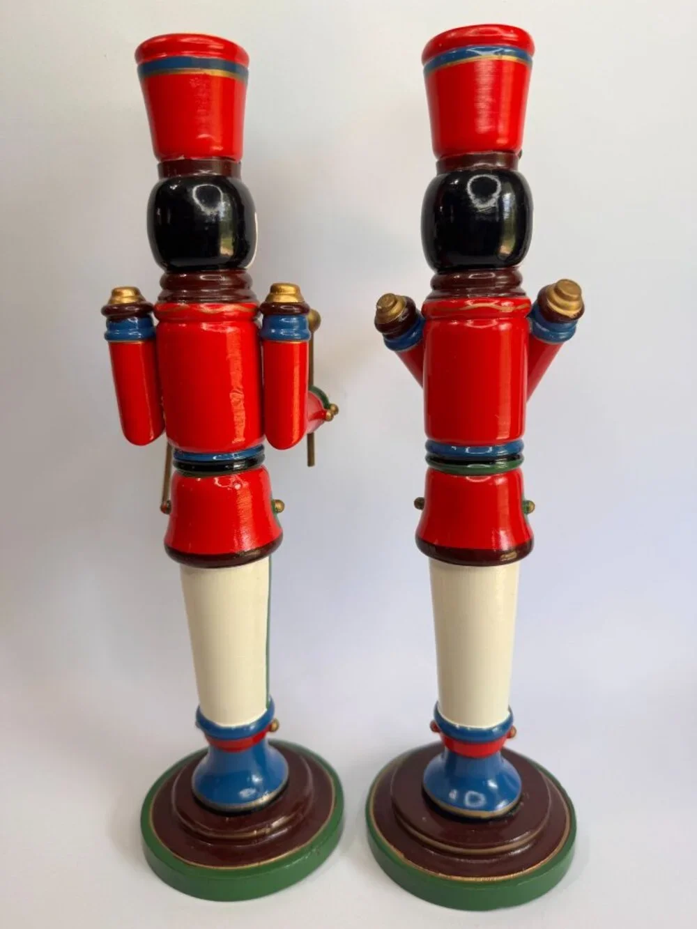 Vintage Kurt Adler Wooden Soldier Candle Holders Drummer Trumpeter Pair 11.75